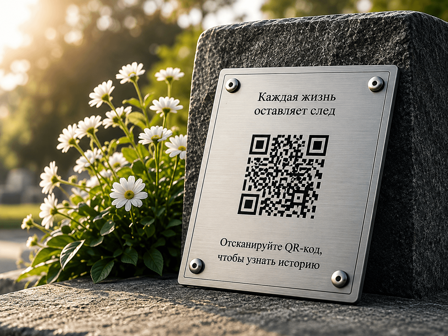 Табличка из нержавеющей стали с QR‑кодом на граните, рядом ромашки