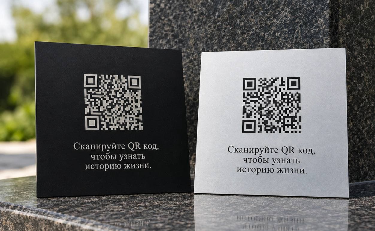 Две таблички с QR‑кодом, чёрная и белая, на постаменте