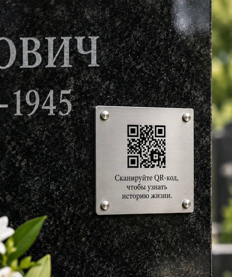 Стальная табличка с QR‑кодом, закреплённая на памятнике